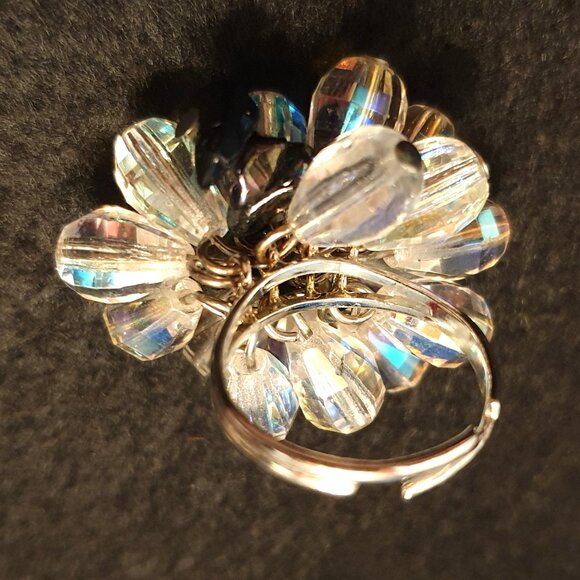 One of A Kind Vintage 1960s Aurora Borealis Glass Cluster Flower Adjustable Ring - Picture 9 of 15